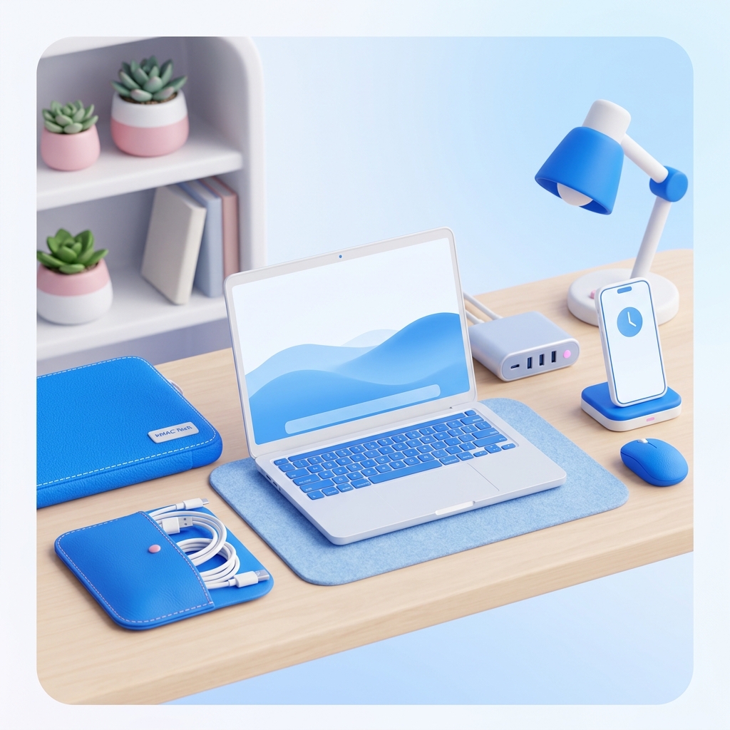 KMAC Tech premium accessories collection — MacBook cases, gaming mousepads, keyboards, and chargers arranged on a modern desk
